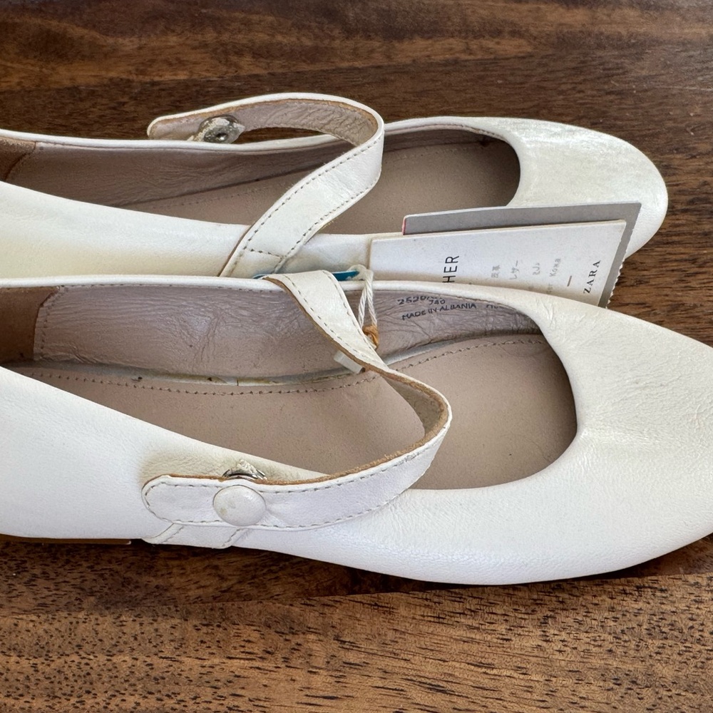 Zara Cream Leather Mary Jane Flats